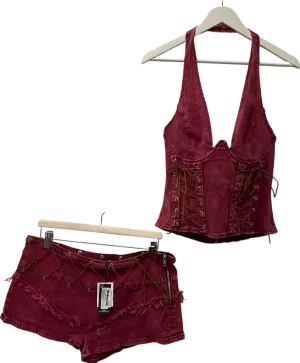 PrettyLittleThing Shape Bright Red Washed Denim Lace Up Corset & Shape Bright Red Washed Denim Fray Detail Hot Pants UK 14