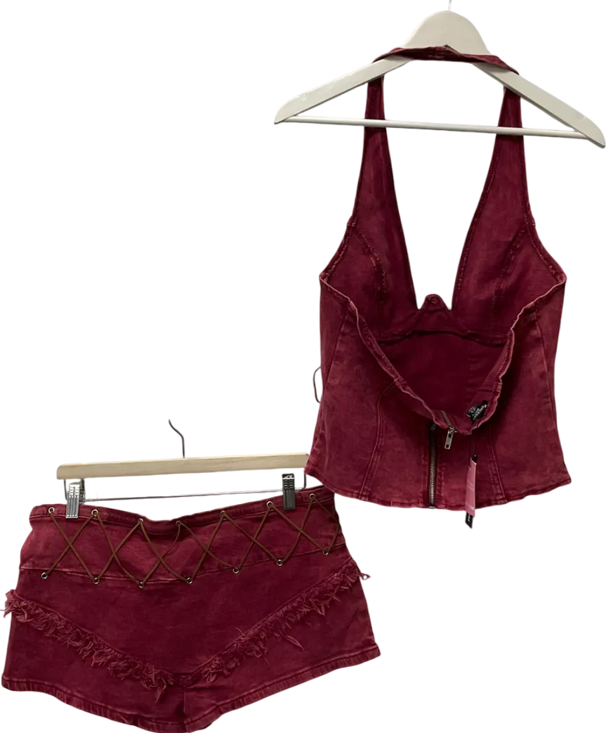 PrettyLittleThing Shape Bright Red Washed Denim Lace Up Corset & Shape Bright Red Washed Denim Fray Detail Hot Pants UK 14