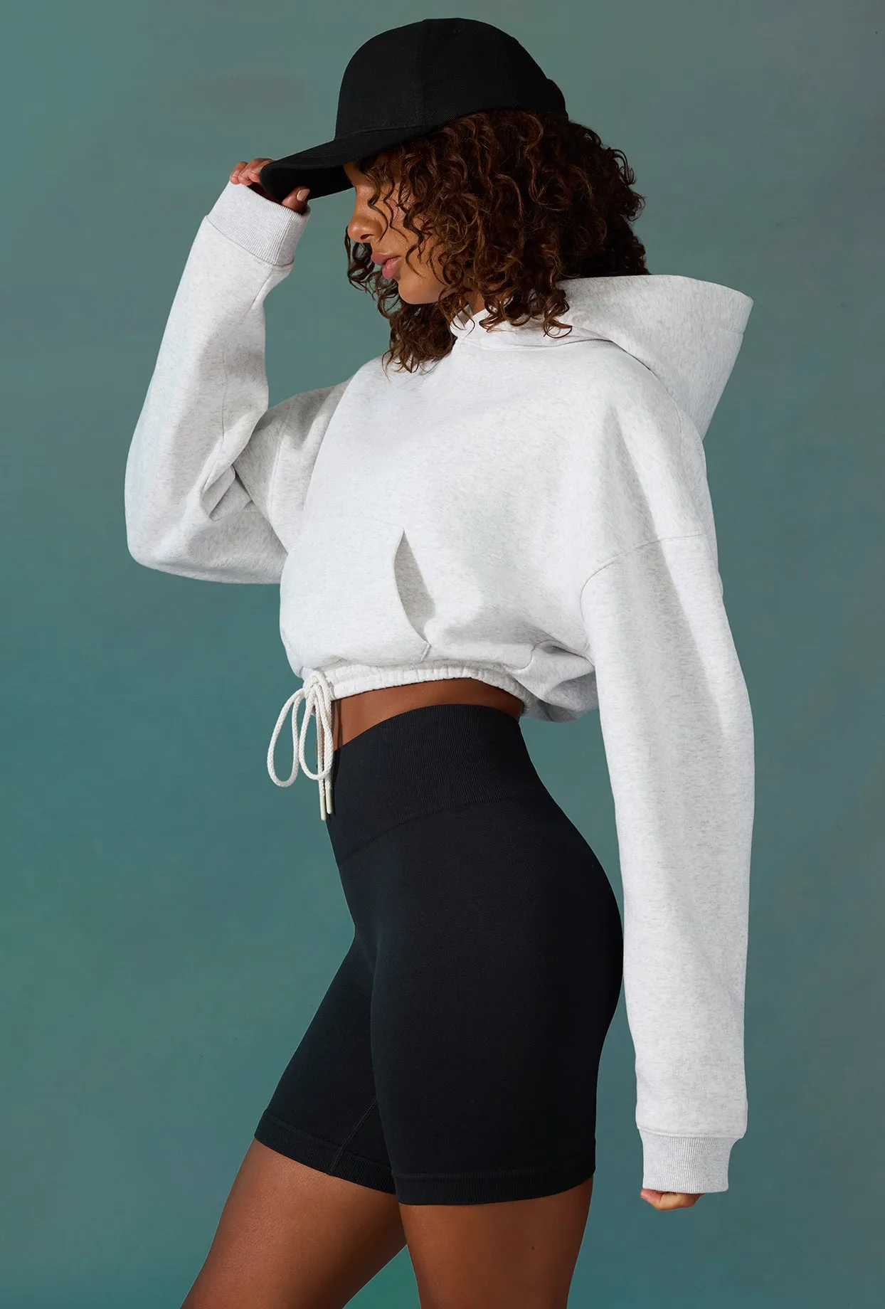 Progress - Cropped Drawstring Hooded Sweatshirt in Ice Grey
