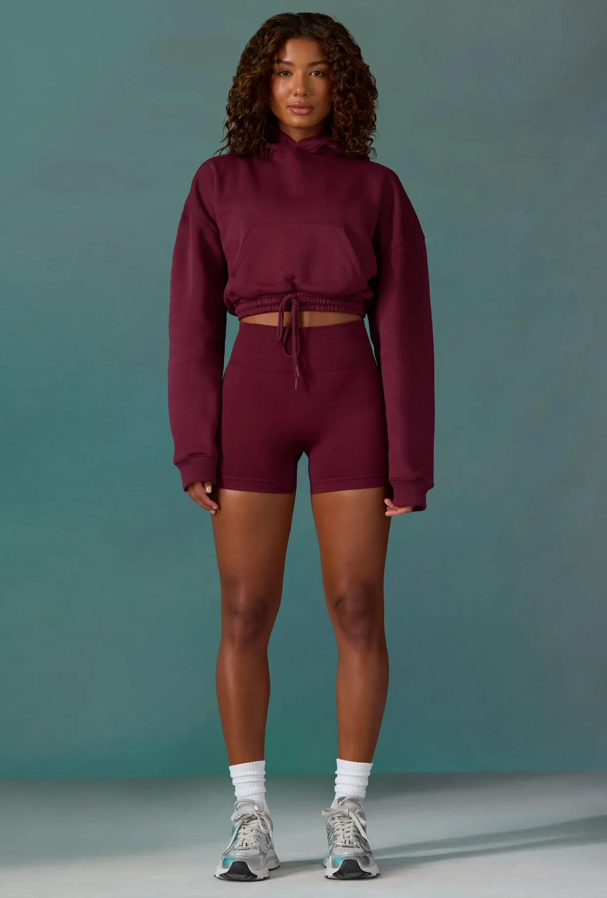 Progress - Cropped Drawstring Hooded Sweatshirt in Plum