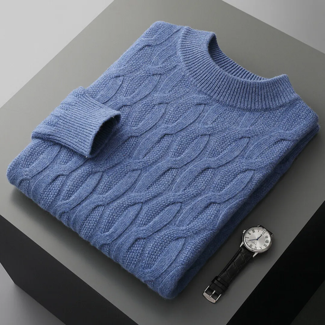 Ravelle | Mens Cashmere Wool Sweater or Cable Knit Jumper – Soft Blue or Neutral Colours for Smart Winter Layering