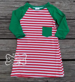 Red & White Striped Green Pocket Dress