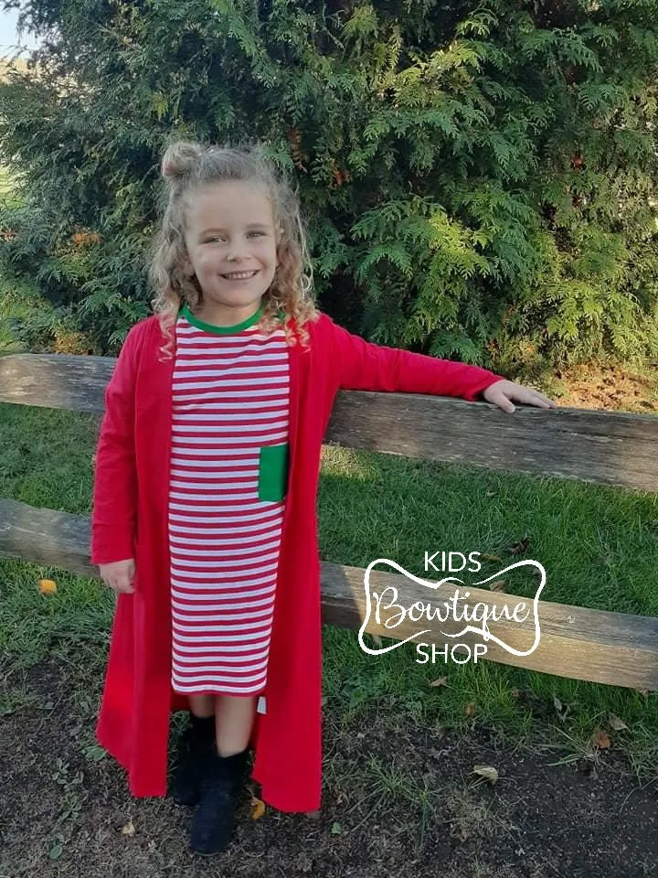 Red & White Striped Green Pocket Dress