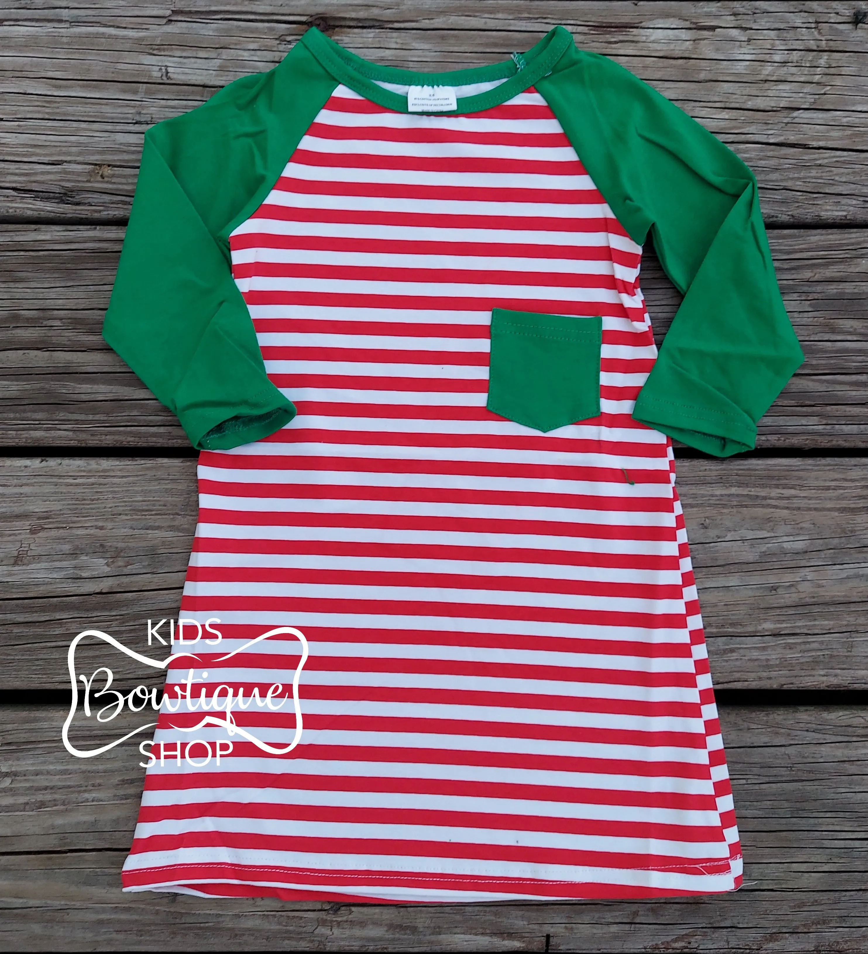 Red & White Striped Green Pocket Dress