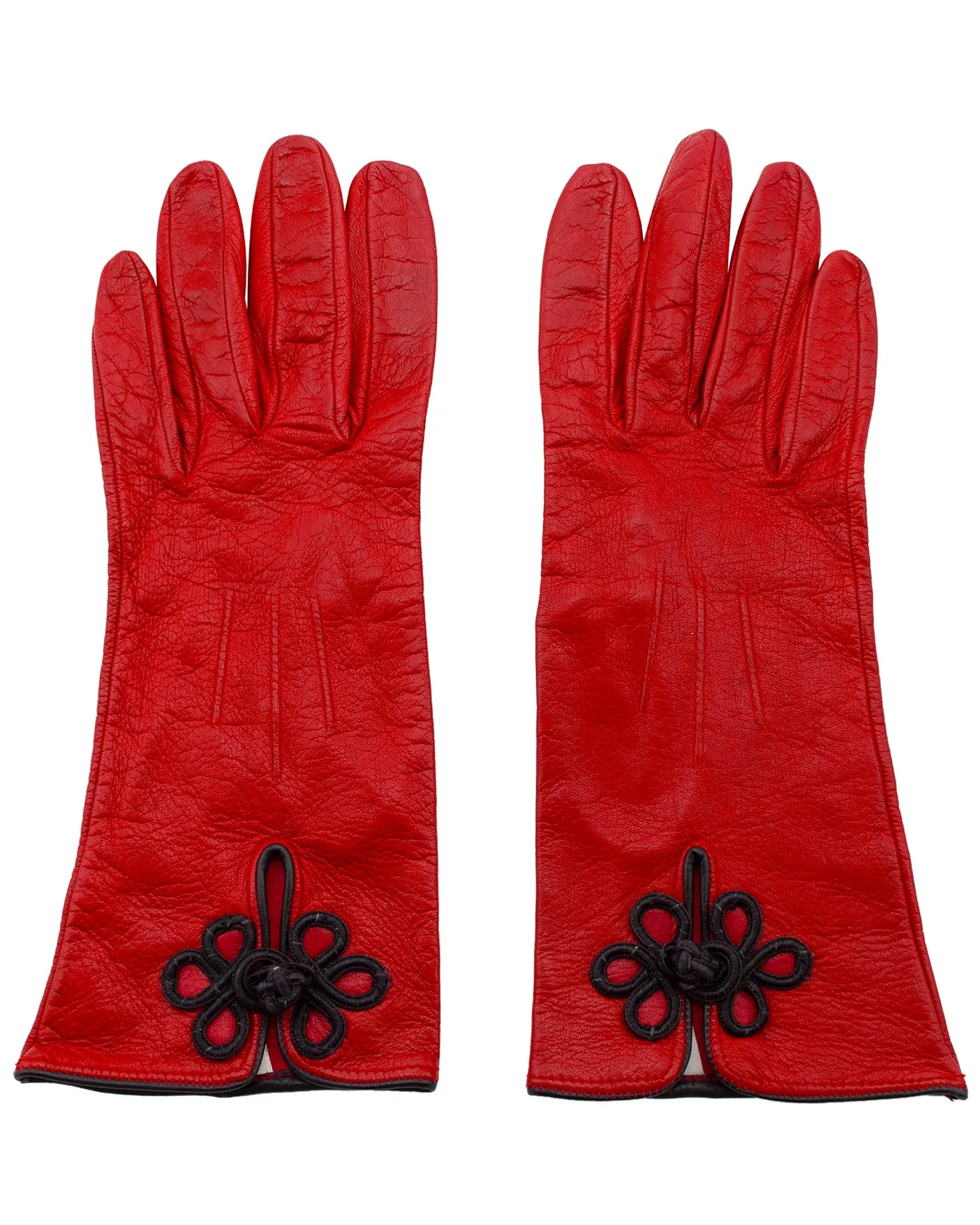 Red Leather Gloves with Black Passimenterie