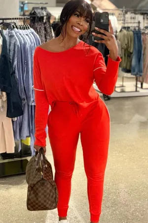 Red White Detail Line Sweatshirt and Jogger Set - Shealee