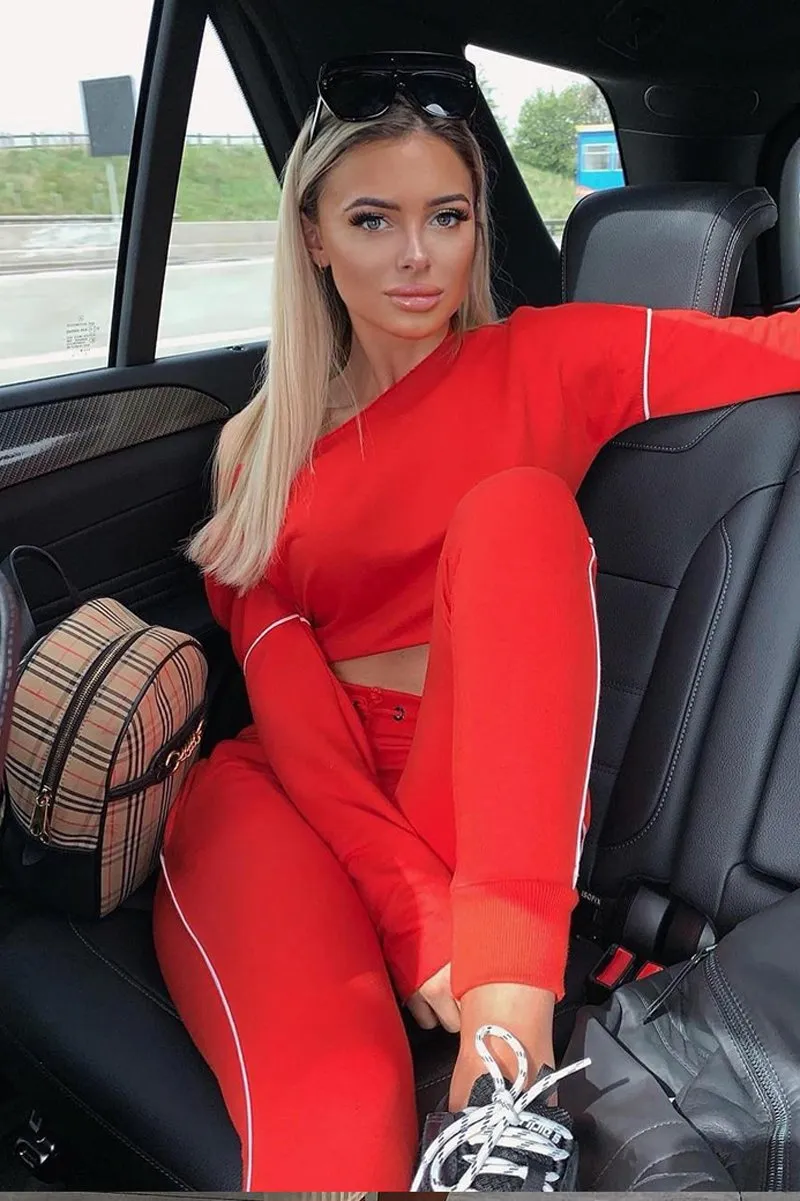 Red White Detail Line Sweatshirt and Jogger Set - Shealee