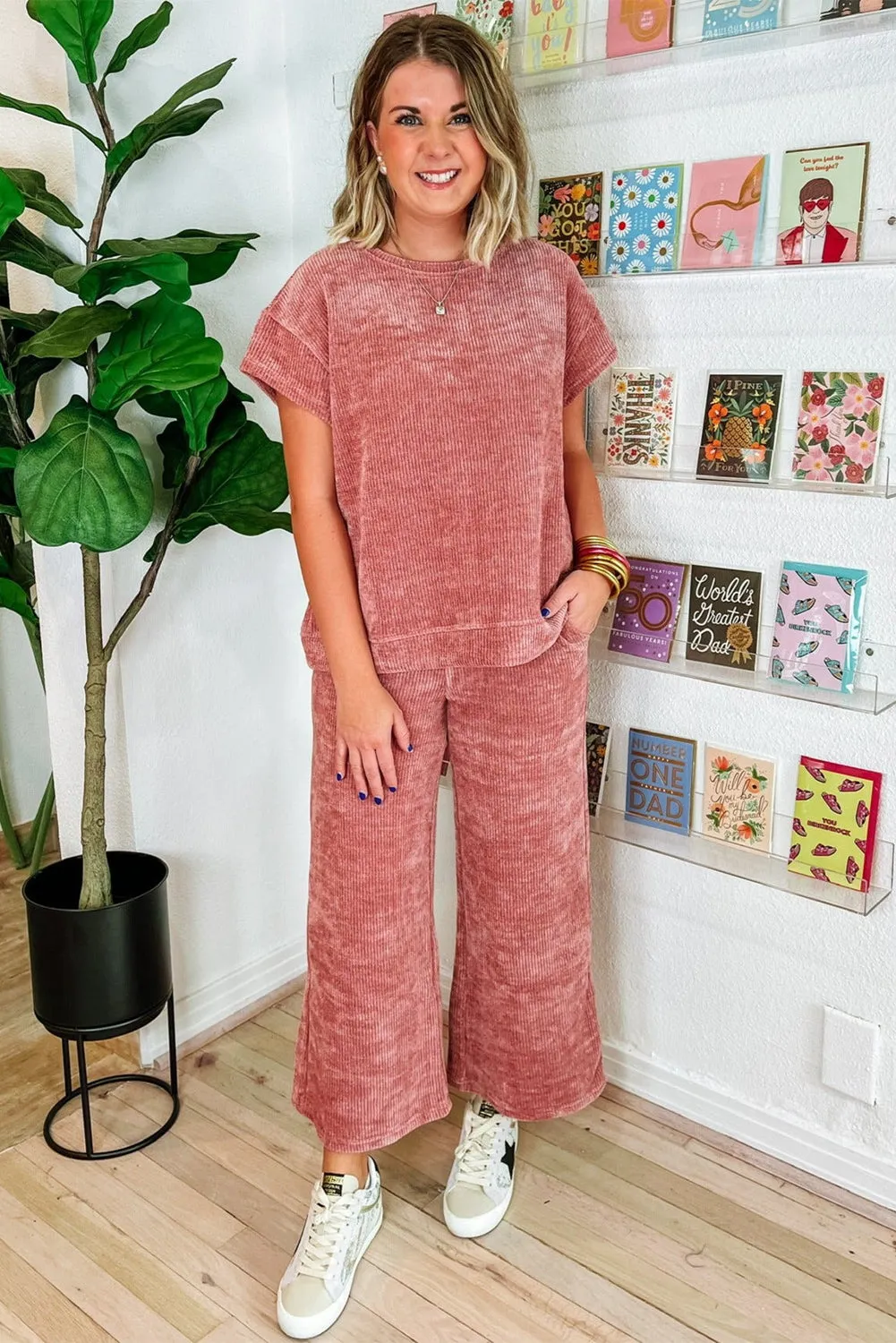 Rose Pink Mineral Wash Corduroy Short Sleeve and Crop Pants Set
