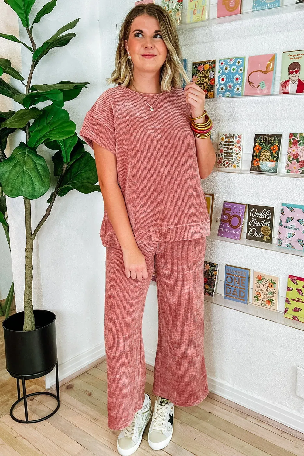 Rose Pink Mineral Wash Corduroy Short Sleeve and Crop Pants Set