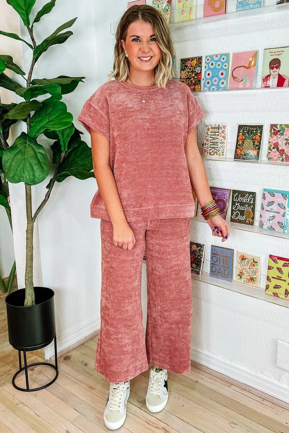 Rose Pink Mineral Wash Corduroy Short Sleeve and Crop Pants Set