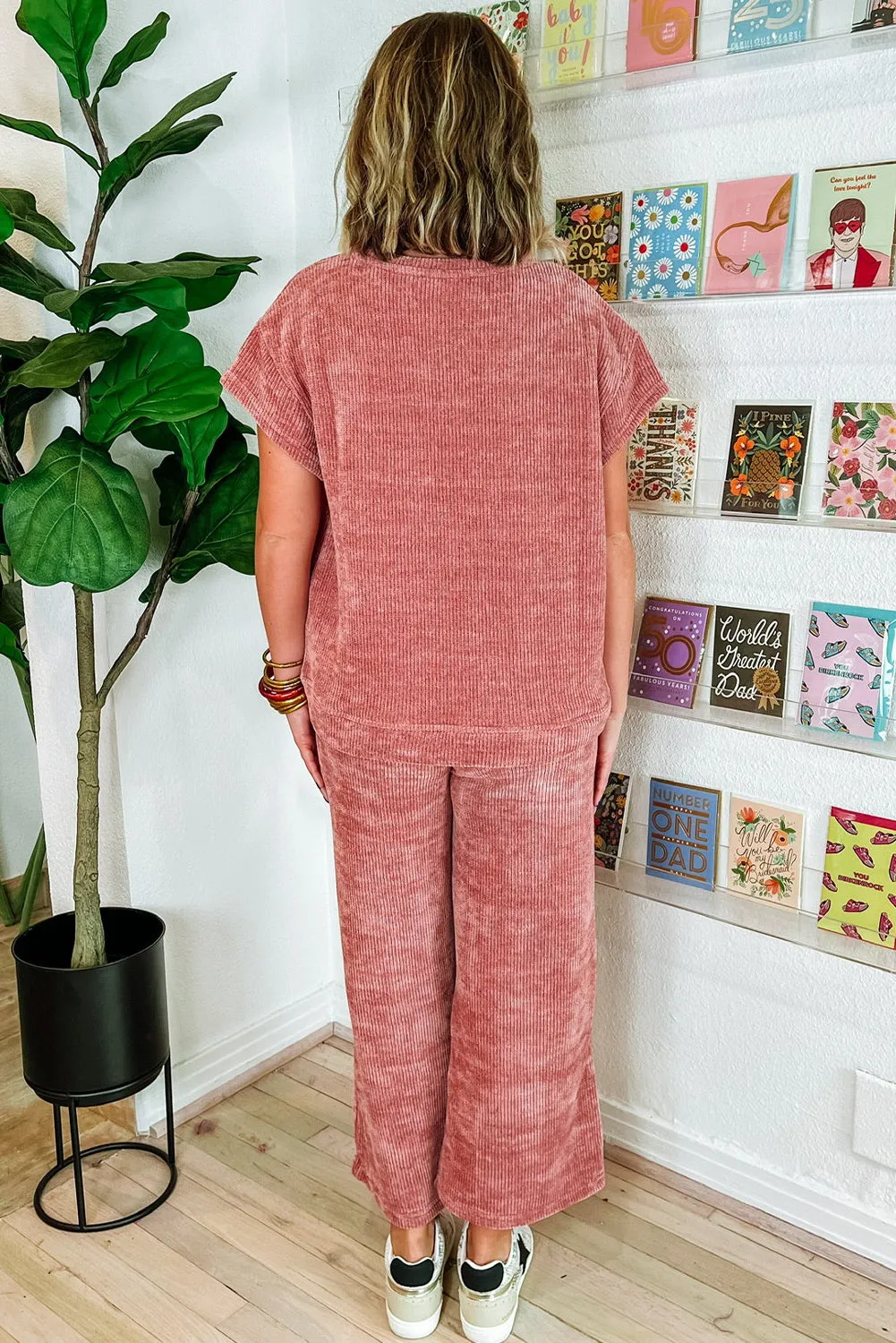 Rose Pink Mineral Wash Corduroy Short Sleeve and Crop Pants Set