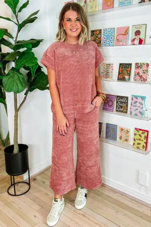 Rose Pink Mineral Wash Corduroy Short Sleeve and Crop Pants Set