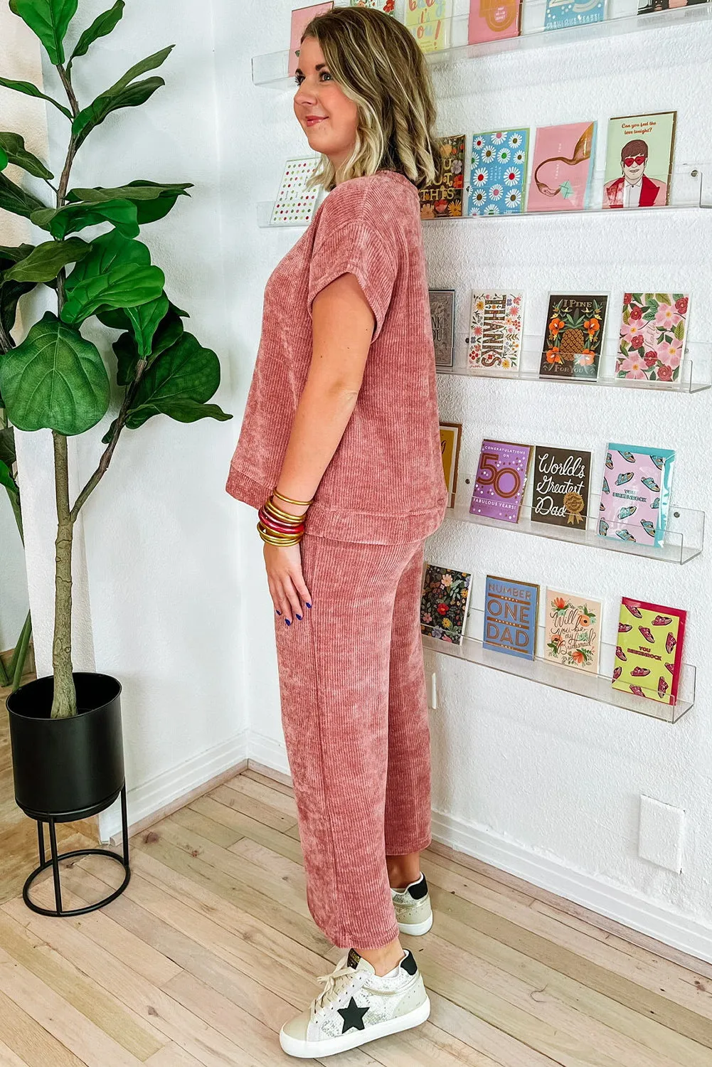 Rose Pink Mineral Wash Corduroy Short Sleeve and Crop Pants Set