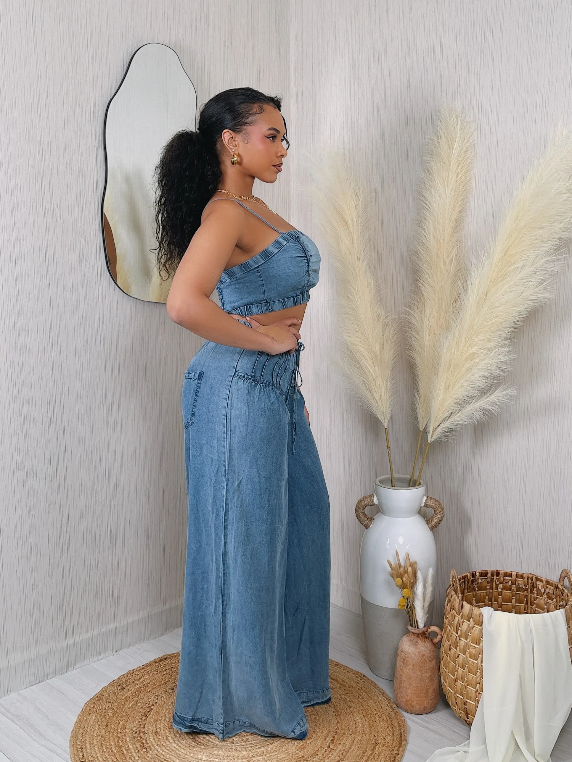 RS1008P - DENIM CROP TANK TOP & PANTS SET