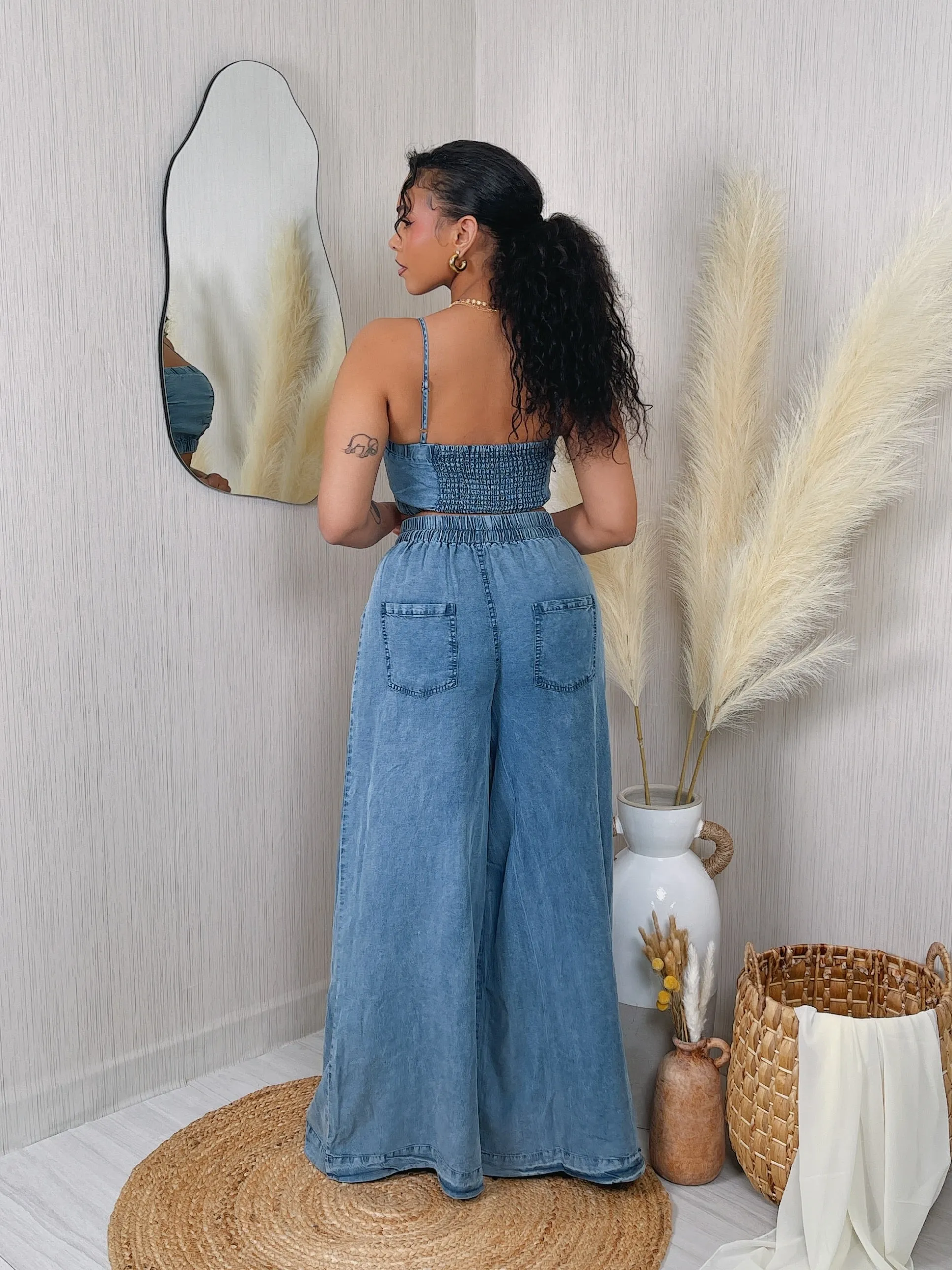 RS1008P - DENIM CROP TANK TOP & PANTS SET