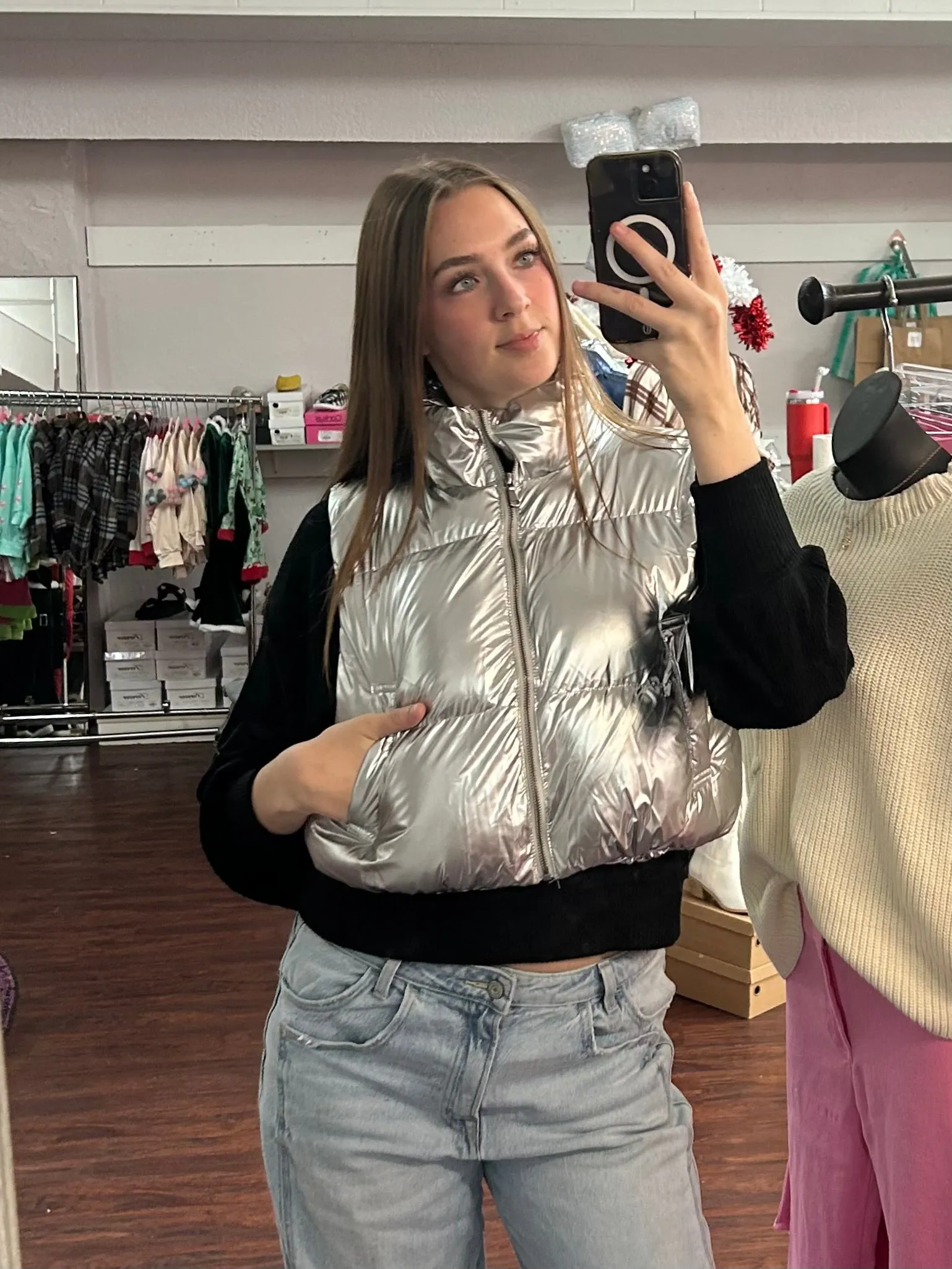 Shine On Puffer Vest: Silver