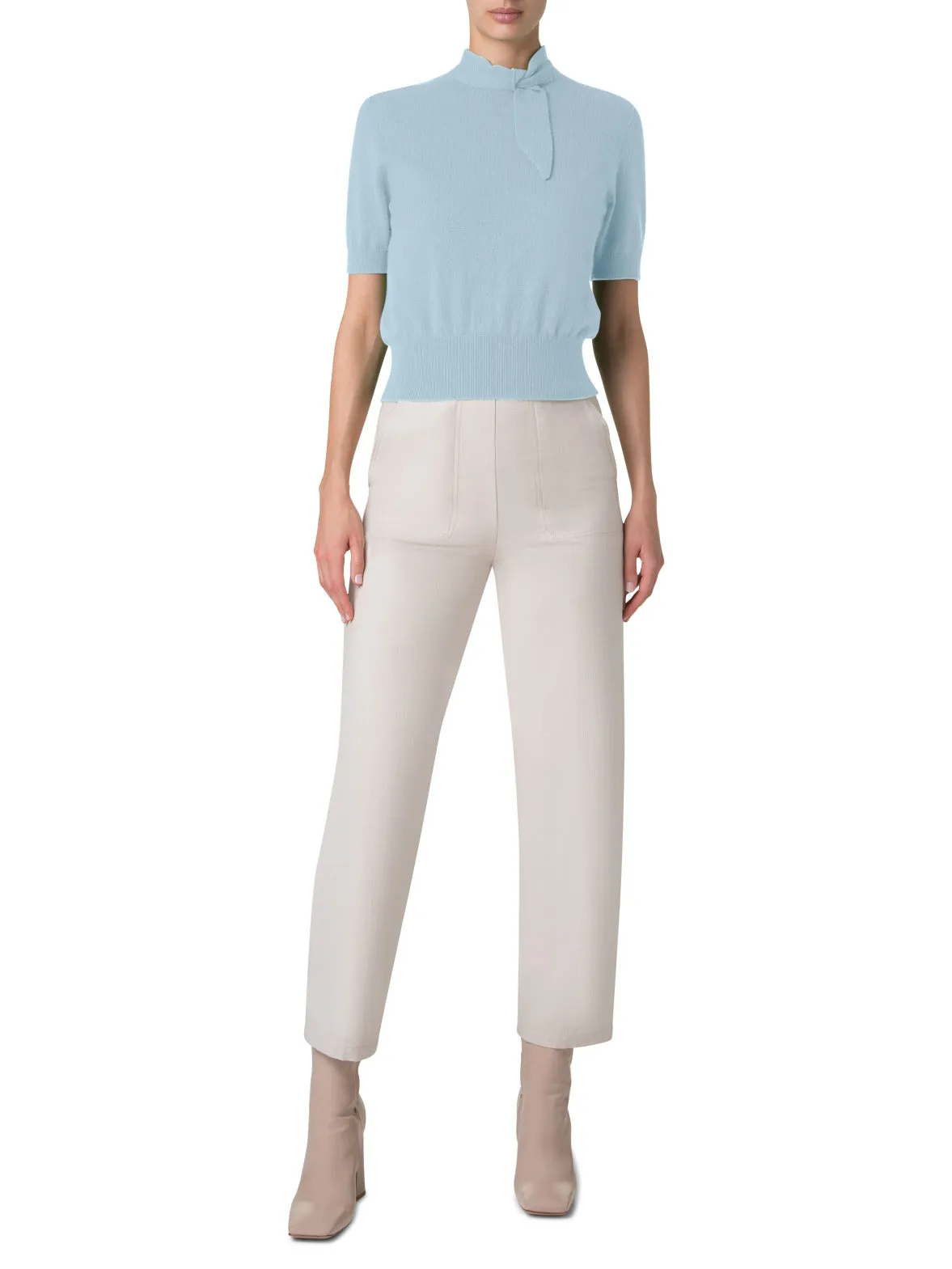 Short Sleeve Cashmere Sweater with Knot Detail