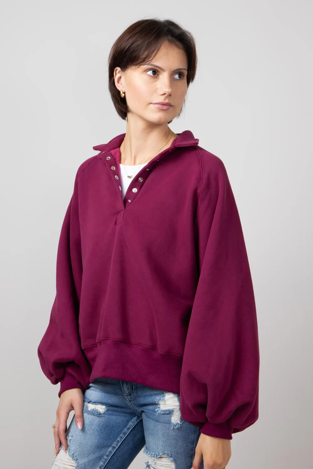Snap Button Collared Fleece for Women in Burgundy | PT16060-BURGUNDY