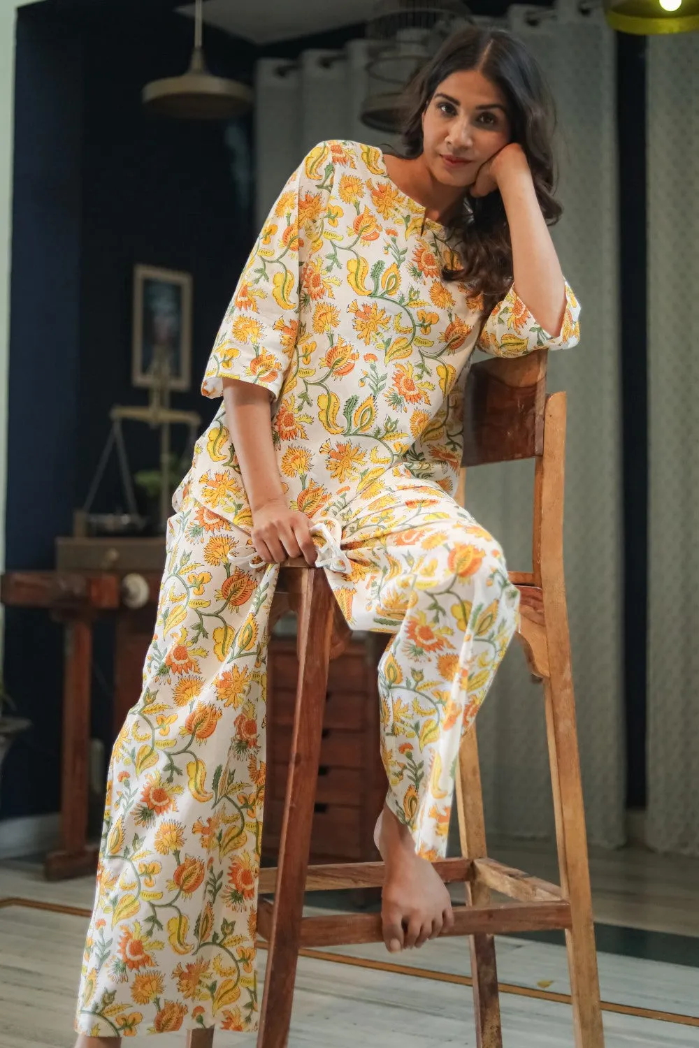 Sootisyahi ' Bright Bloom' Handblock Printed Pure Cotton Night Suit