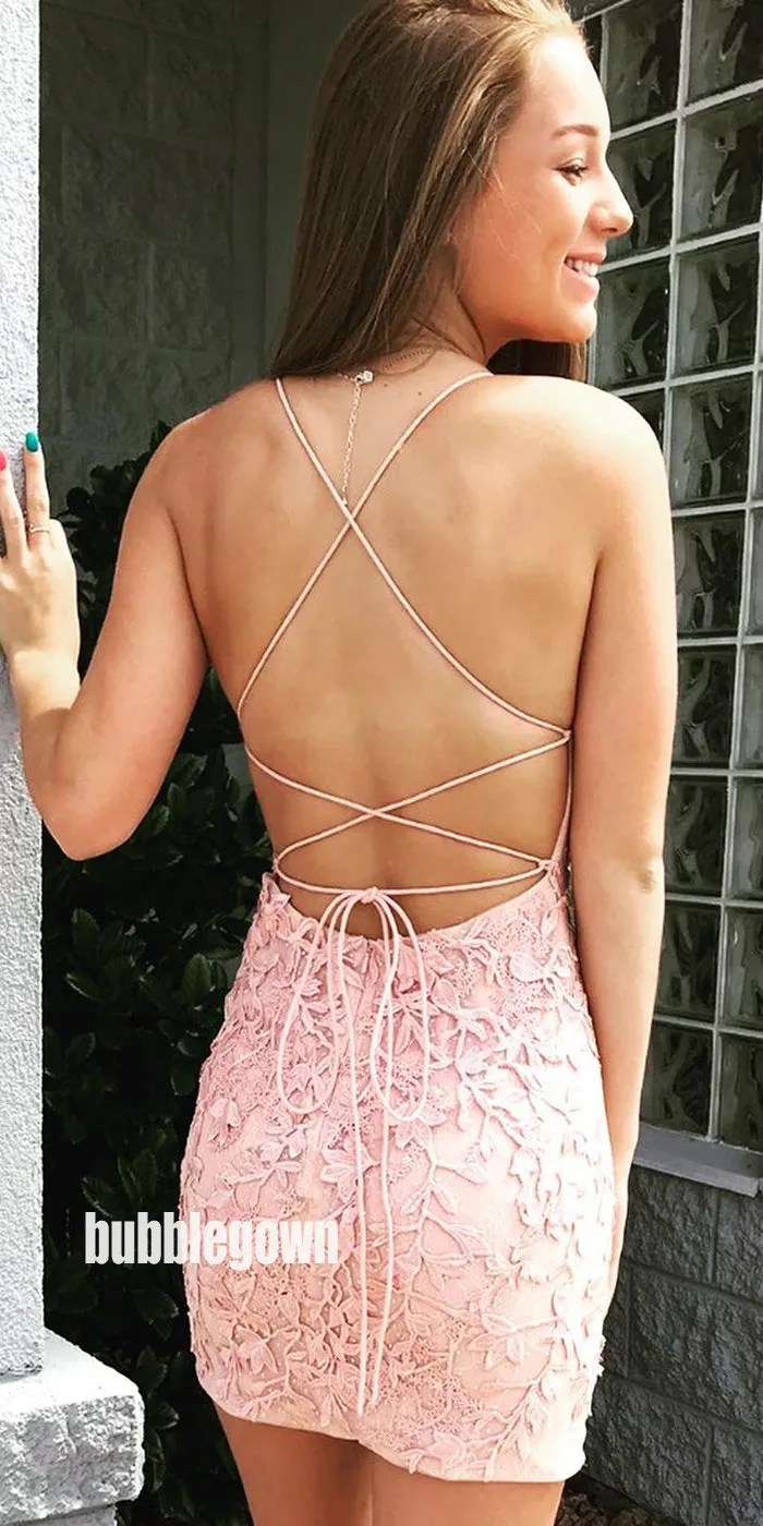 Spaghetti Strap Backless Lace Short Homecoming Dresses DSA122