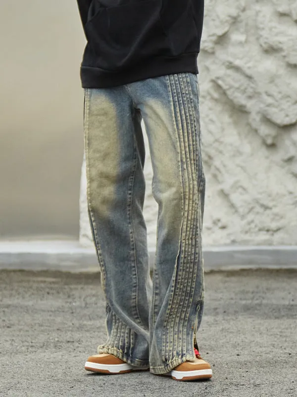 Split Zipper Design Jeans - American High Street Style with Unique Side Creases