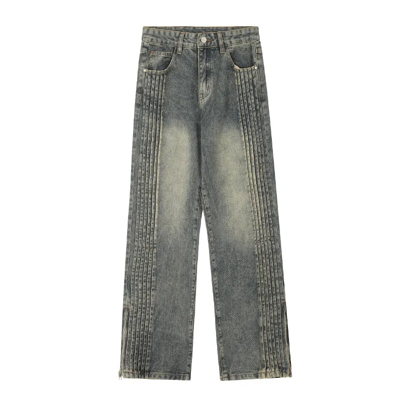 Split Zipper Design Jeans - American High Street Style with Unique Side Creases