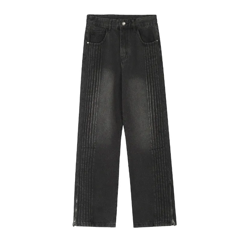 Split Zipper Design Jeans - American High Street Style with Unique Side Creases