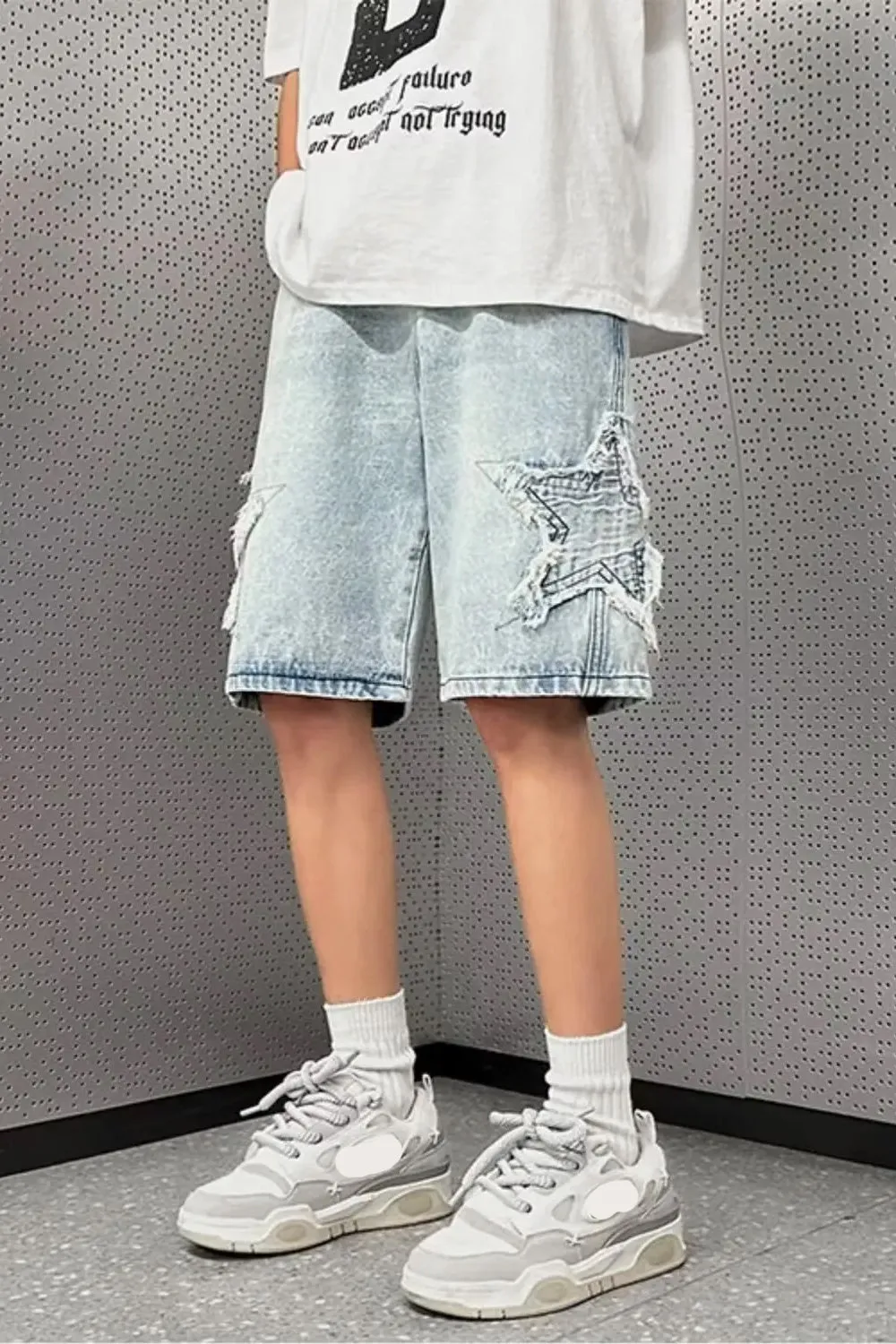 Stars Patchwork Retro Washed Denim Shorts
