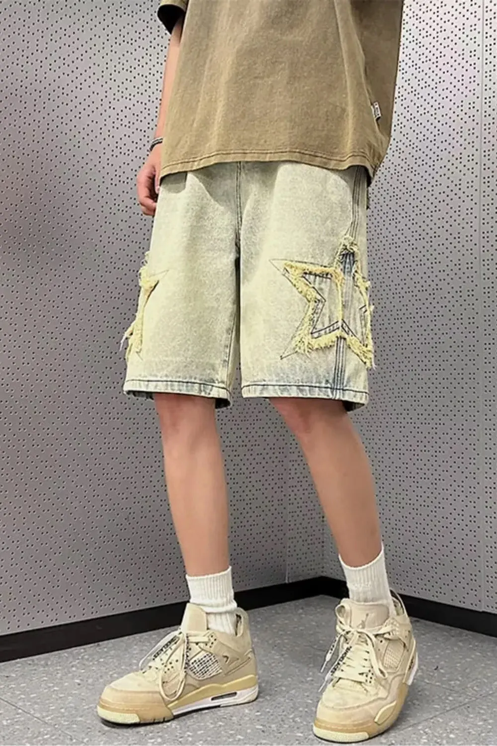 Stars Patchwork Retro Washed Denim Shorts