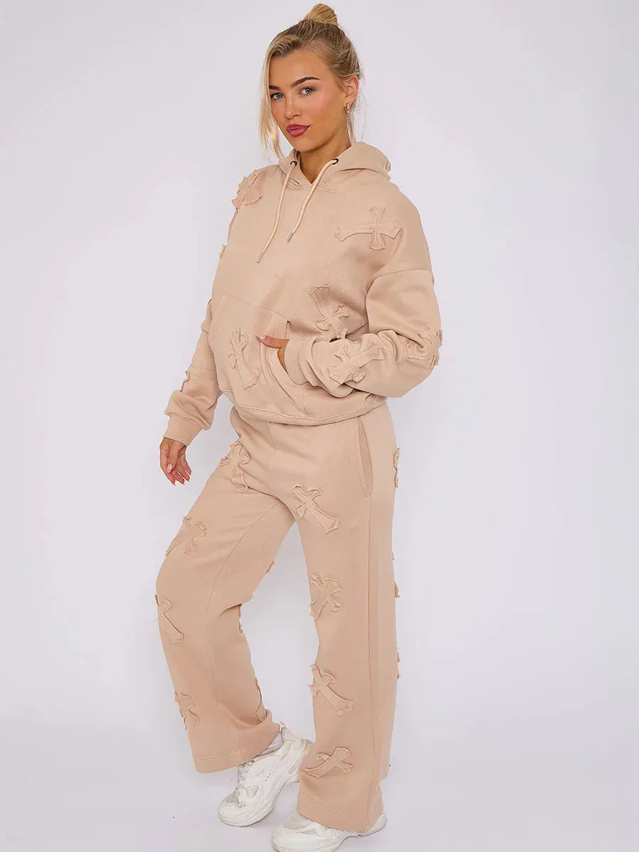 Stone Oversized Crucifix Cross Embroidered Hooded Fleece Co-ord Loungewear Set