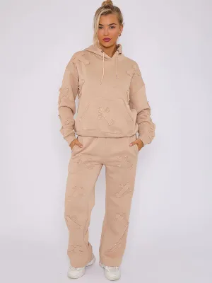 Stone Oversized Crucifix Cross Embroidered Hooded Fleece Co-ord Loungewear Set