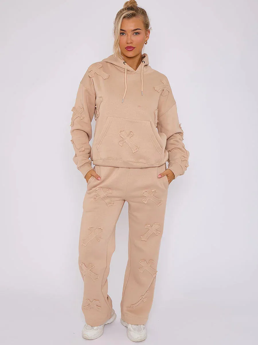 Stone Oversized Crucifix Cross Embroidered Hooded Fleece Co-ord Loungewear Set