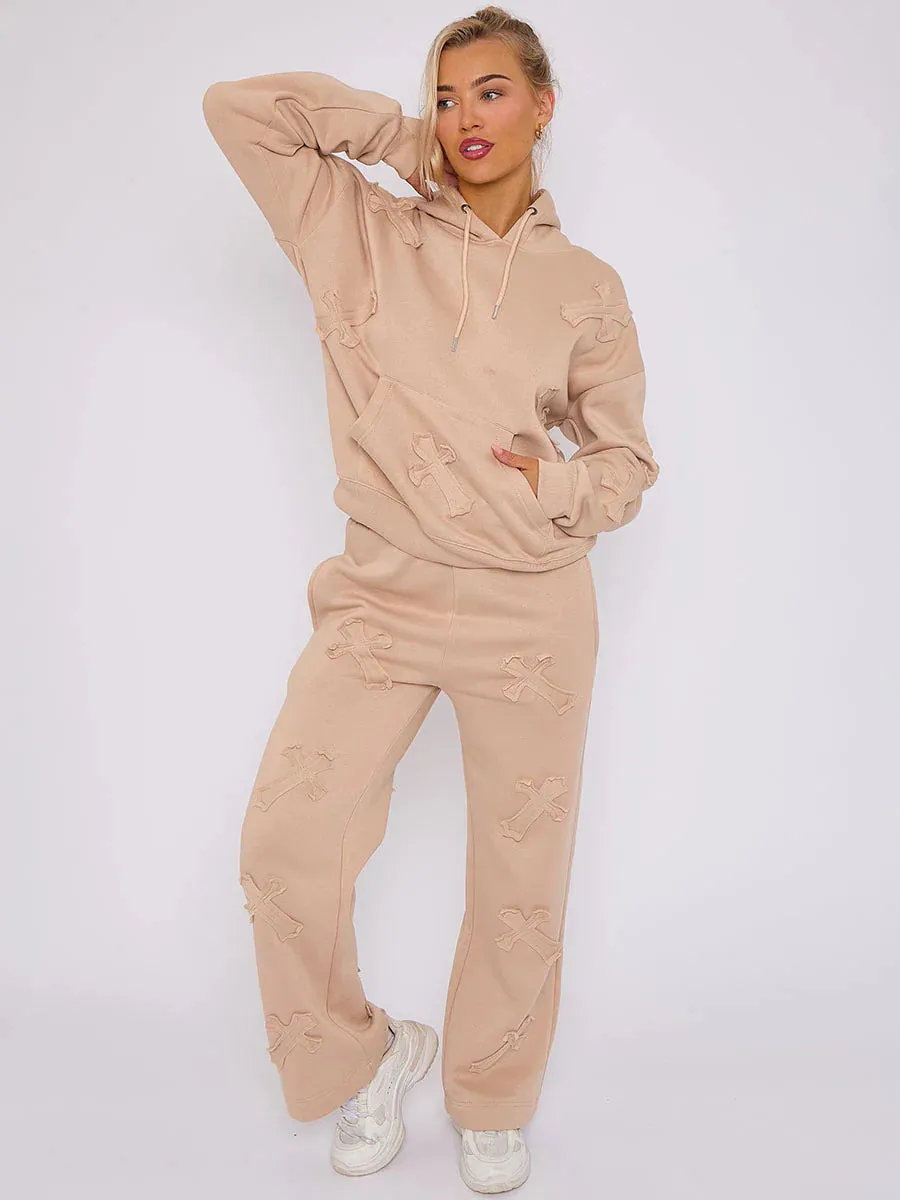 Stone Oversized Crucifix Cross Embroidered Hooded Fleece Co-ord Loungewear Set