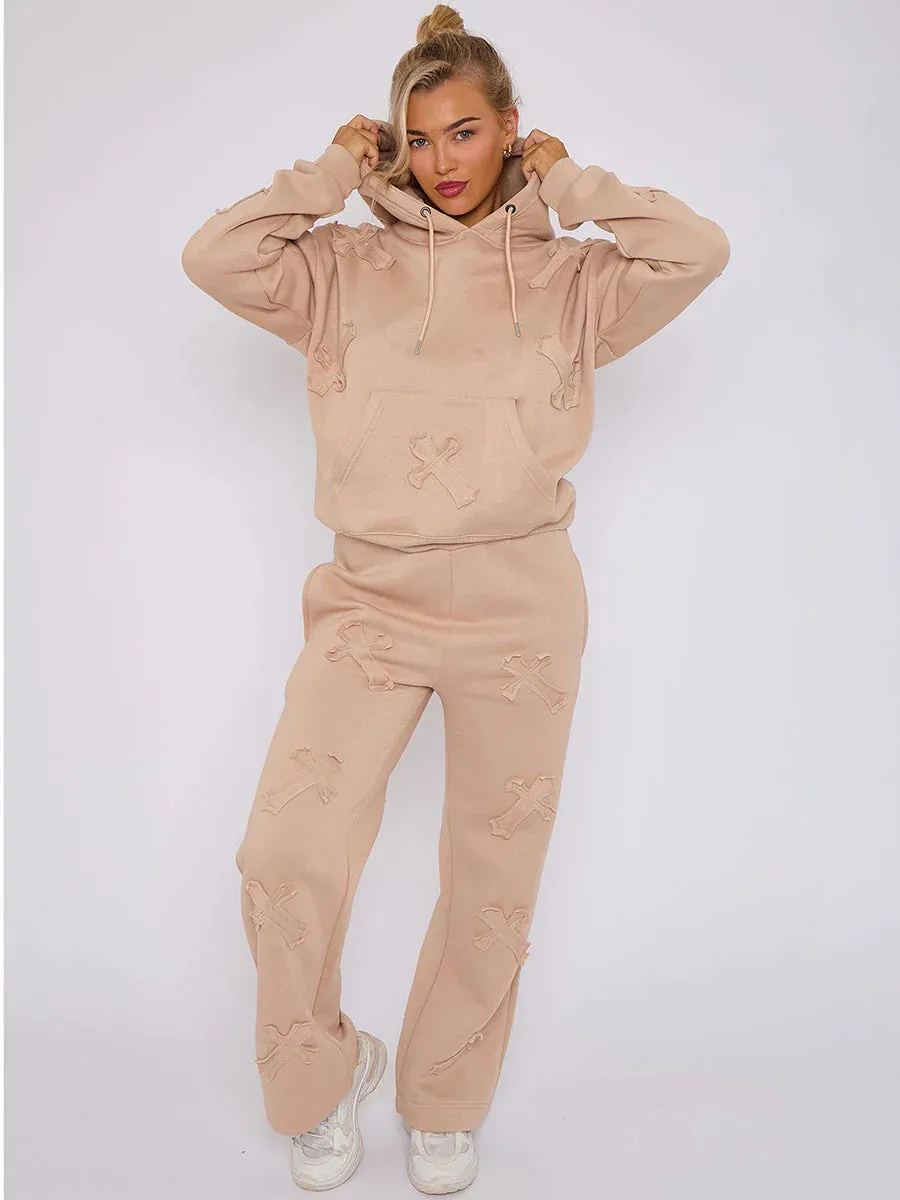 Stone Oversized Crucifix Cross Embroidered Hooded Fleece Co-ord Loungewear Set
