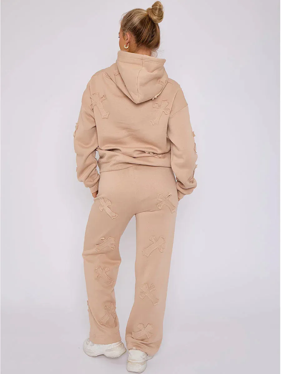 Stone Oversized Crucifix Cross Embroidered Hooded Fleece Co-ord Loungewear Set