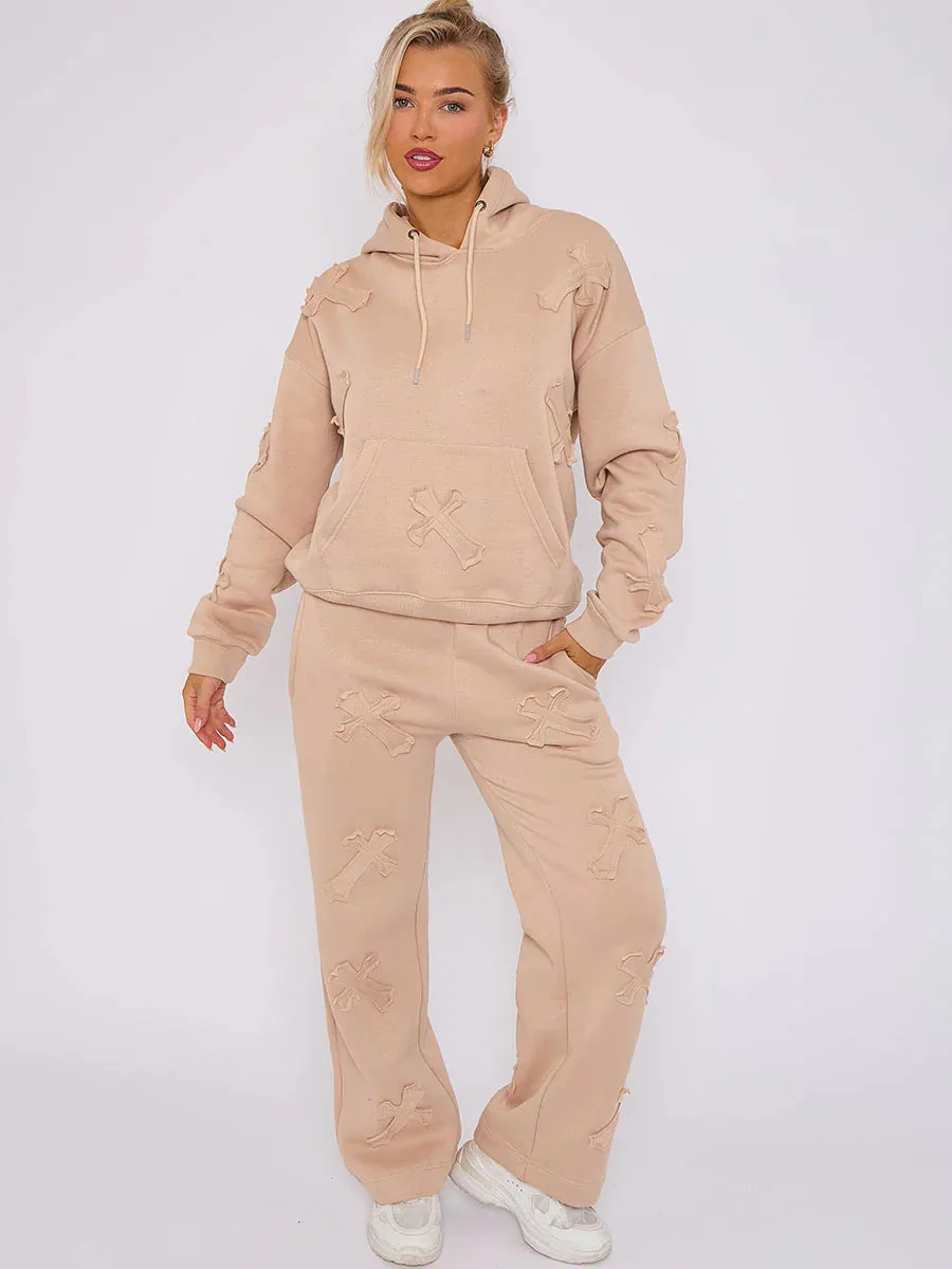 Stone Oversized Crucifix Cross Embroidered Hooded Fleece Co-ord Loungewear Set