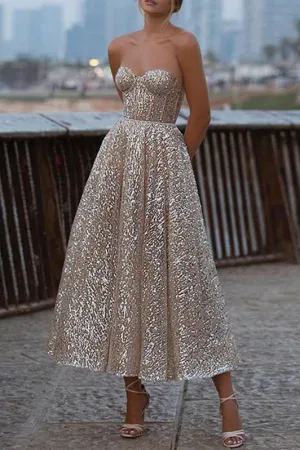 Strapless A Line Sparkly Ankle Length Prom Dress School Party Dress OK1381