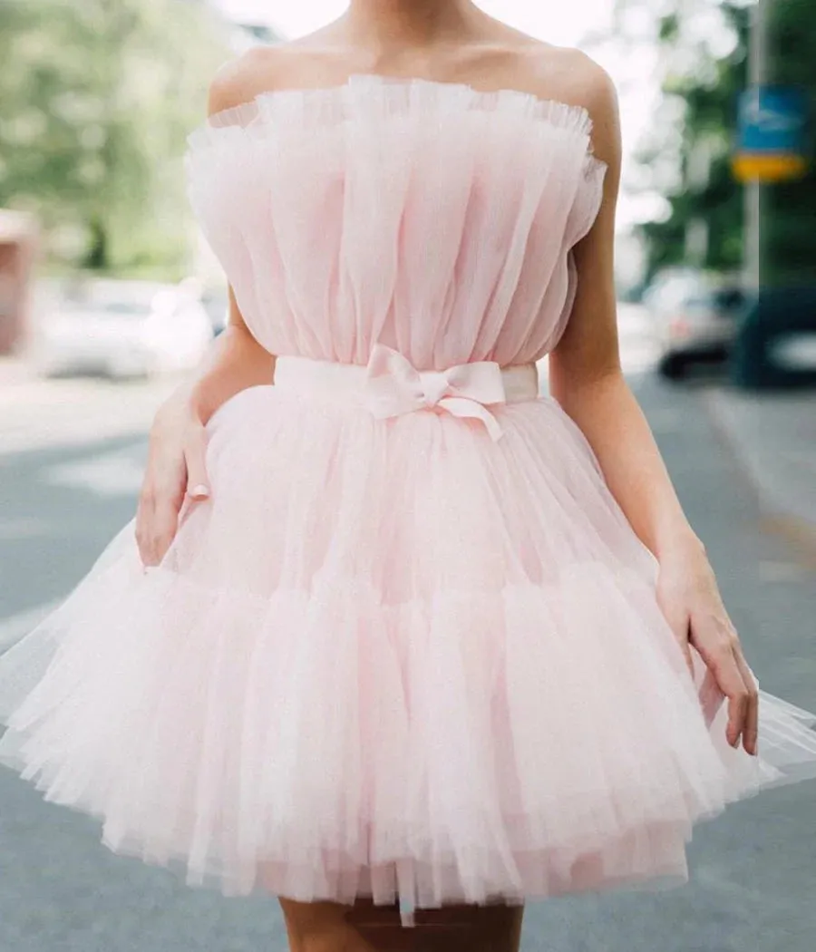 Strapless Pink Tulle Short Homecoming Dress Princess Sleeveless School Party Dress OK1508