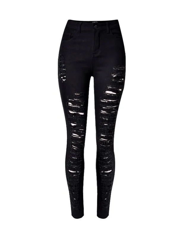 Street Popular Torn Slim Stretch High Waist Denim Pants