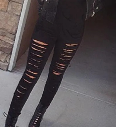 Street Popular Torn Slim Stretch High Waist Denim Pants