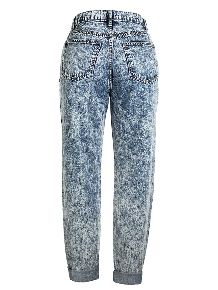 Street Style Red Patchwork Washed Effect Light Blue Denim Pants for Women
