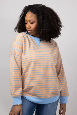 Striped French Terry Relaxed Sweatshirt for Women in Camel/Denim | IT2880S-03-CAMELDENIM