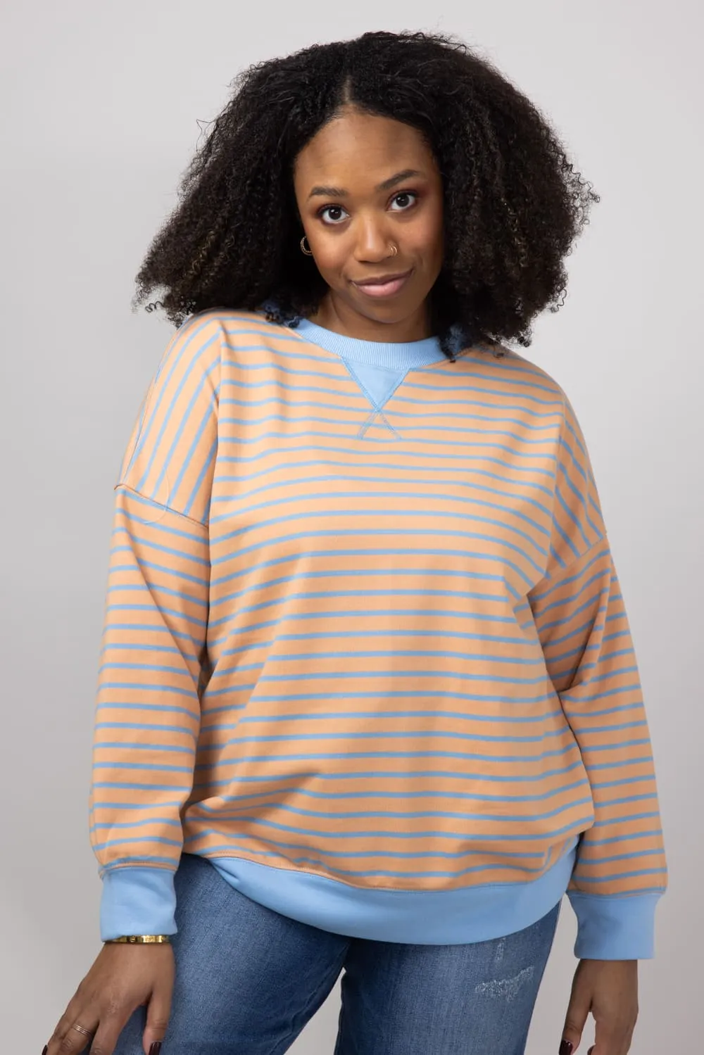 Striped French Terry Relaxed Sweatshirt for Women in Camel/Denim | IT2880S-03-CAMELDENIM