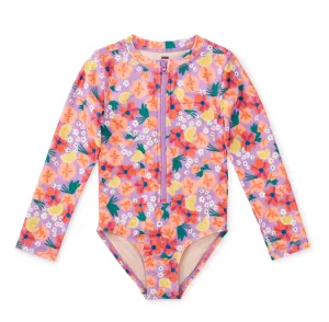 Tea Painted Squash and Hibiscus Long Sleeve One-Piece Swimsuit