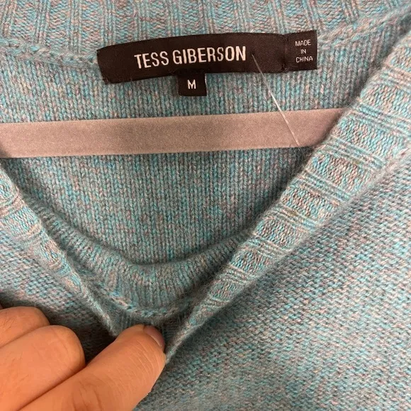 Tess Giberson Blue 100% Cashmere Cold Shoulder Pullover Sweater M Luxury