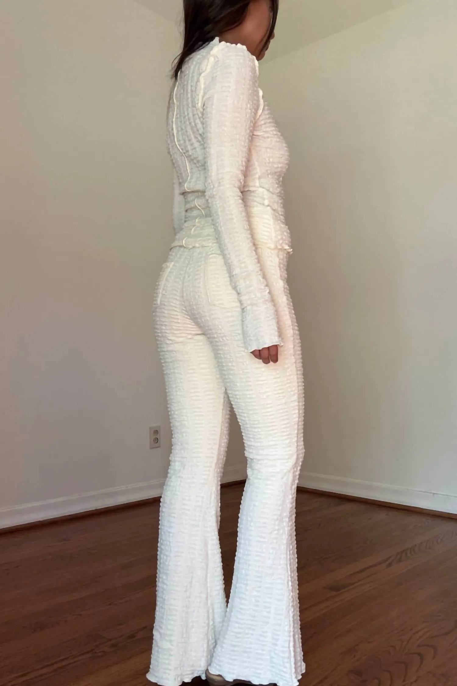Textured High Neck Top & Flared Pants In Cream