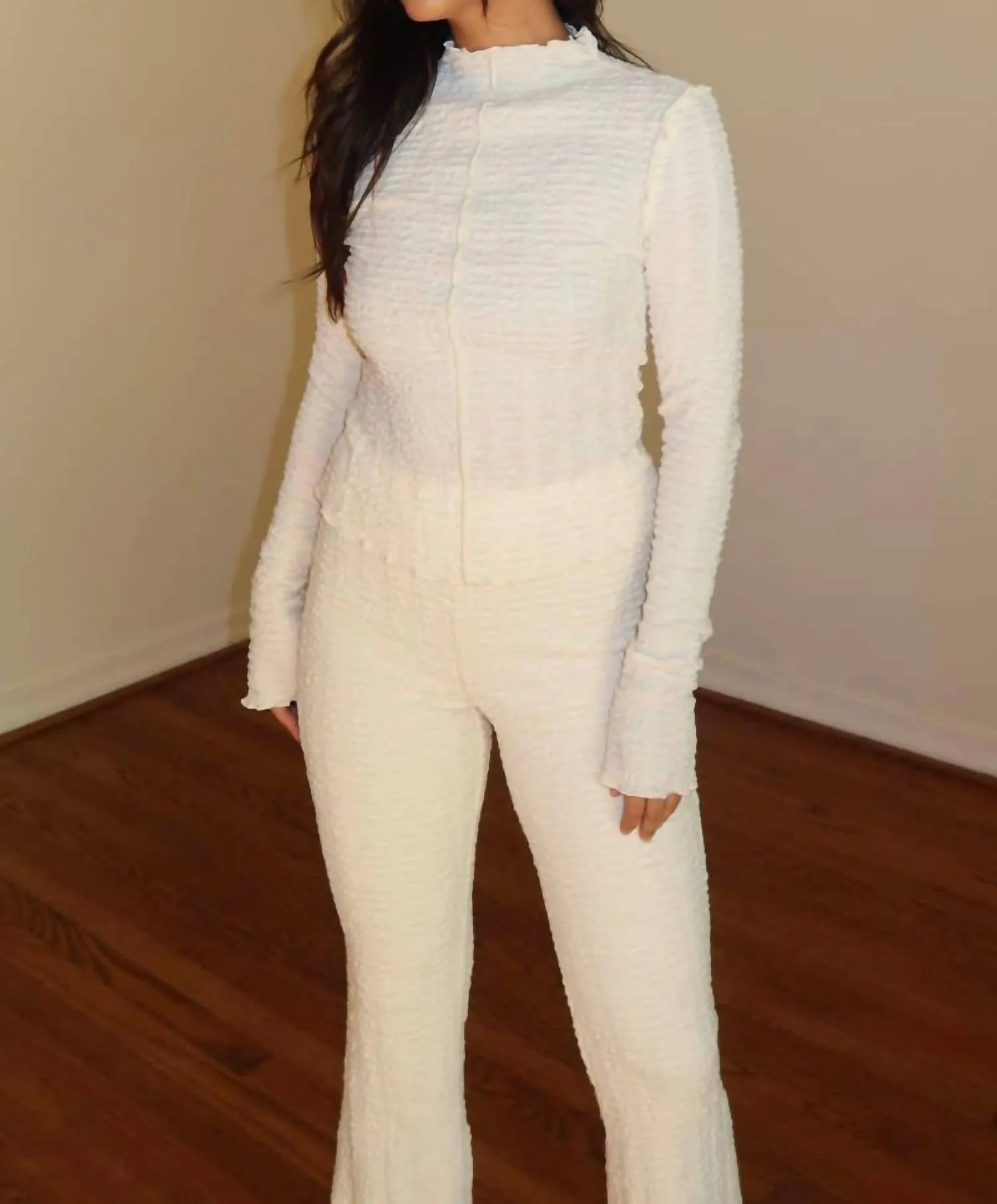 Textured High Neck Top & Flared Pants In Cream