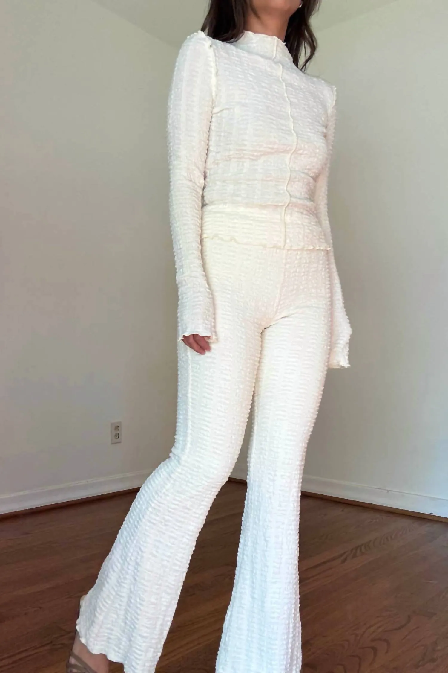 Textured High Neck Top & Flared Pants In Cream