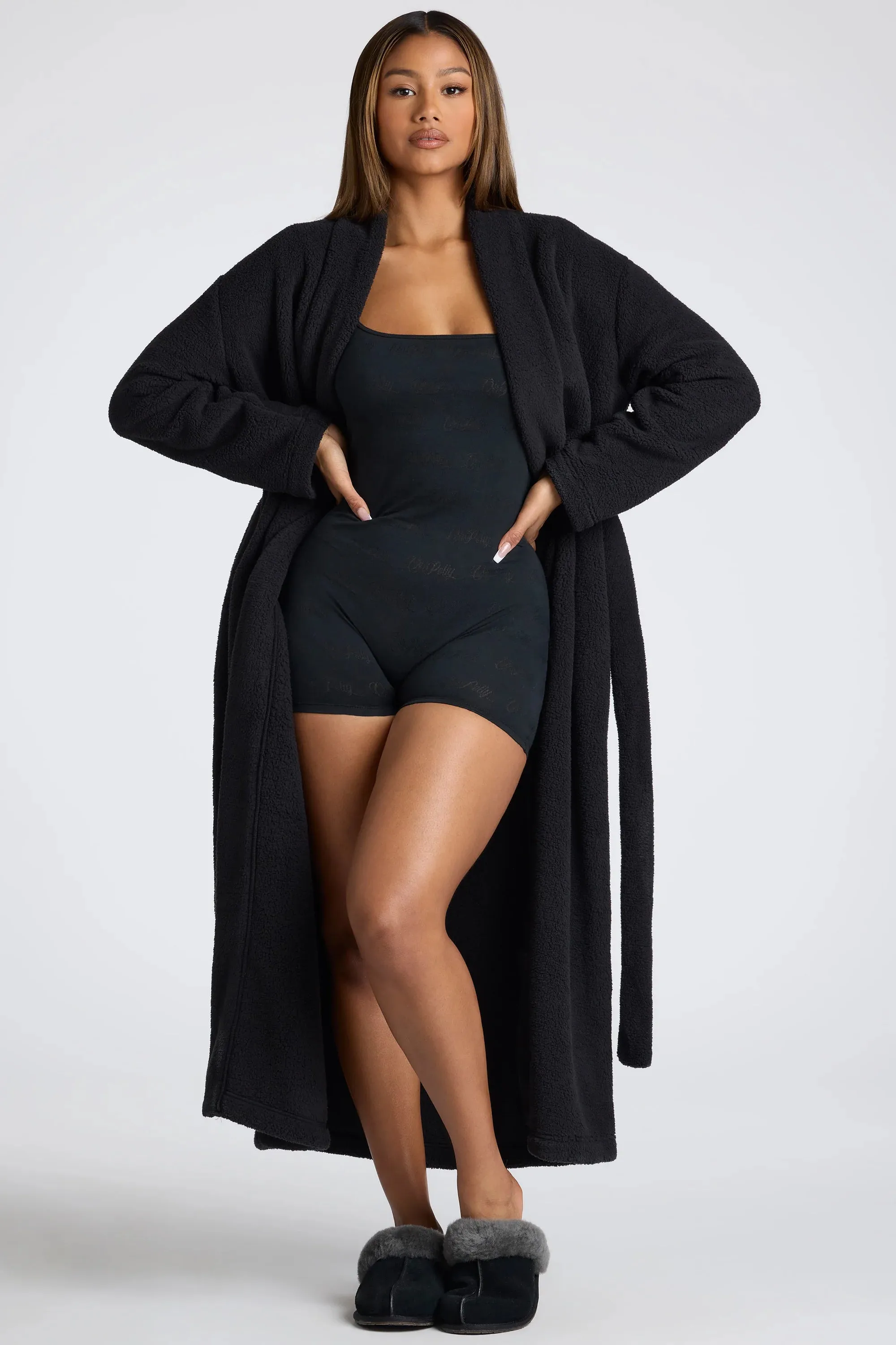 Tie Front Fleece Robe in Black