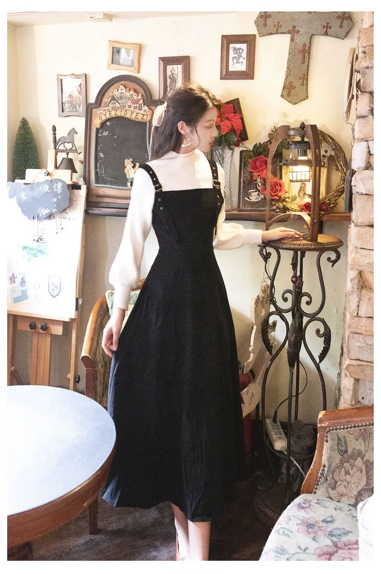 Top and Corduroy Black Strap Dress Two-piece Outfits Mid-calf